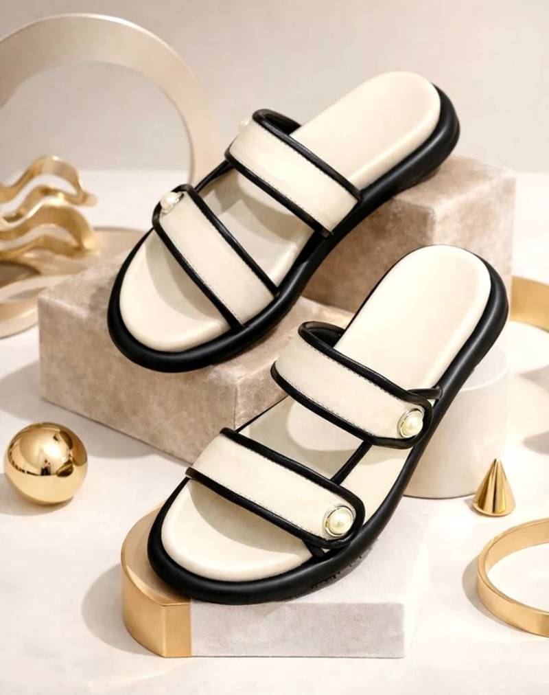 White embellished faux leather double strap flats for women