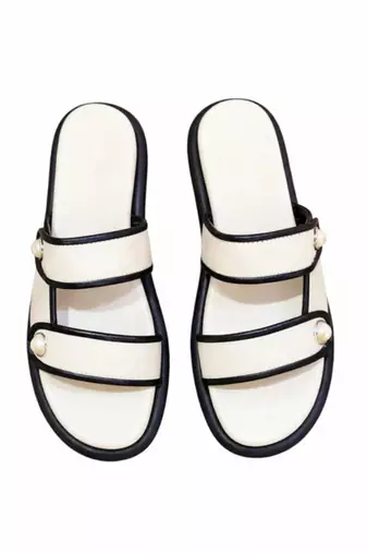 White embellished faux leather double strap flats for women