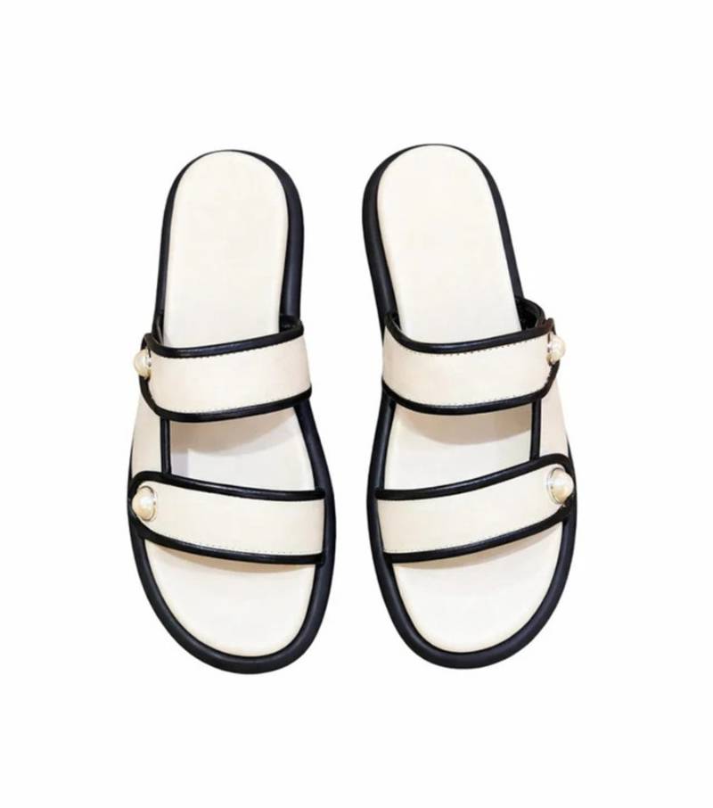 White embellished faux leather double strap flats for women