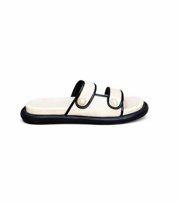 White embellished faux leather double strap flats for women 5