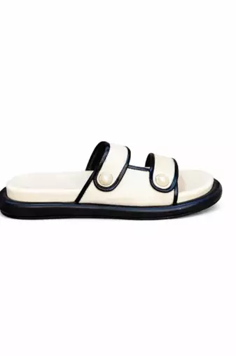 White embellished faux leather double strap flats for women