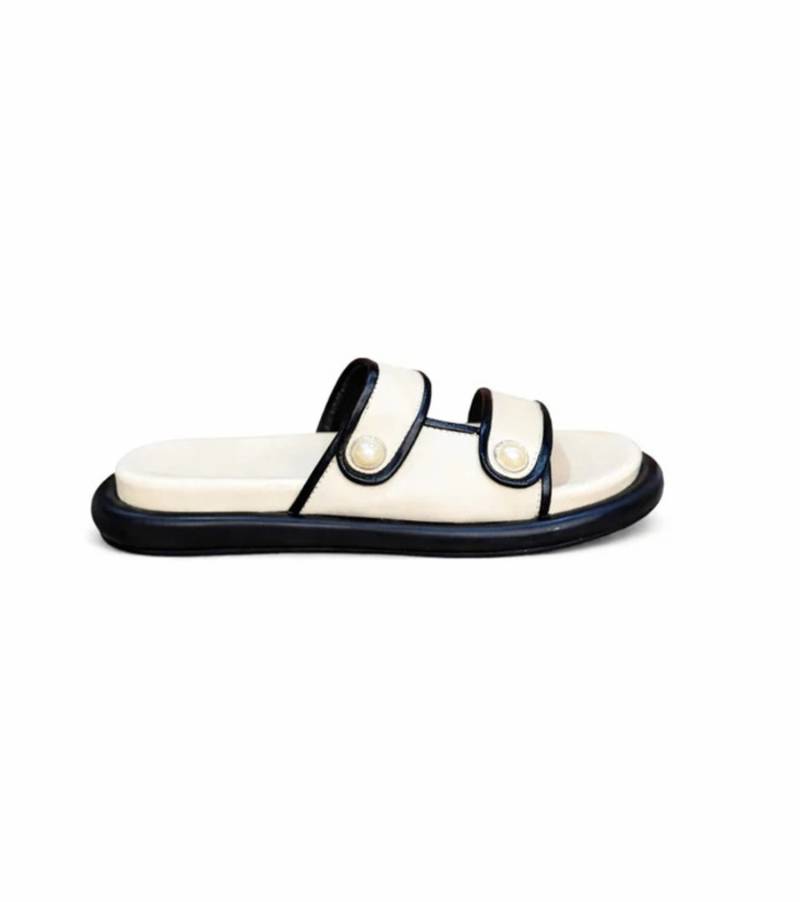 White embellished faux leather double strap flats for women