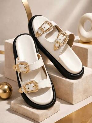 White embellished faux leather double strap flats for women 1