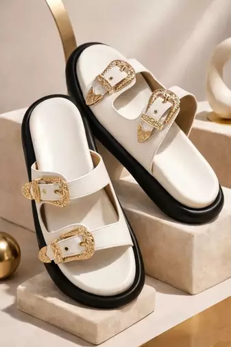 White embellished faux leather double strap flats for women