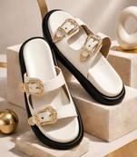 White embellished faux leather double strap flats for women