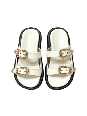 White embellished faux leather double strap flats for women 4