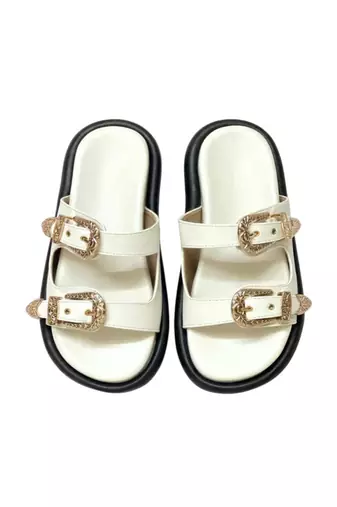 White embellished faux leather double strap flats for women