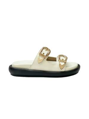 White embellished faux leather double strap flats for women 5