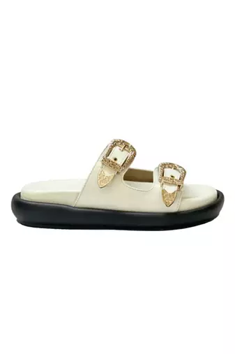 White embellished faux leather double strap flats for women
