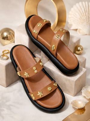Tan embellished faux leather double strap flats for women 1