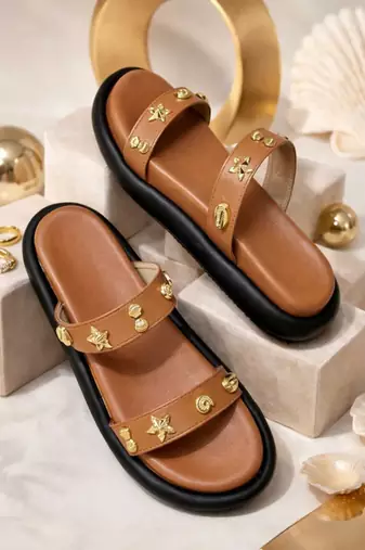 Tan embellished faux leather double strap flats for women