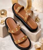 Tan embellished faux leather double strap flats for women