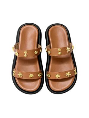 Tan embellished faux leather double strap flats for women 4