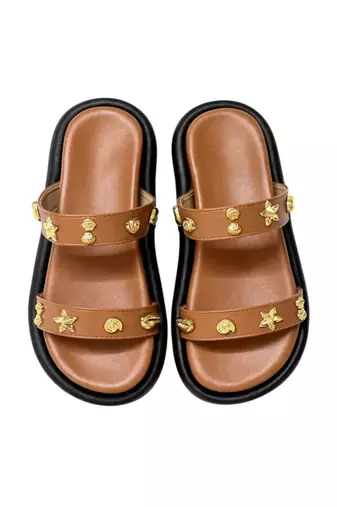 Tan embellished faux leather double strap flats for women