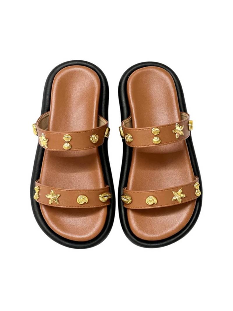 Tan embellished faux leather double strap flats for women