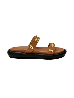 Tan embellished faux leather double strap flats for women 5