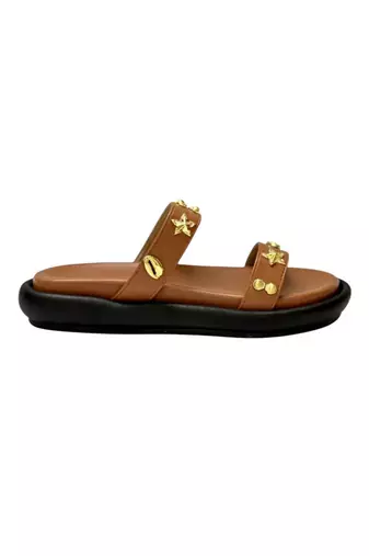 Tan embellished faux leather double strap flats for women