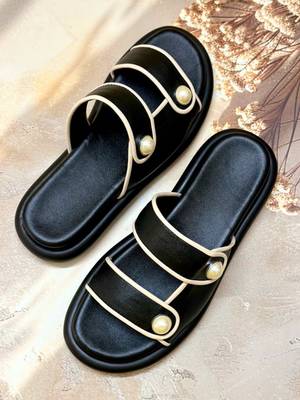 Black embellished faux leather double strap flats for women 1