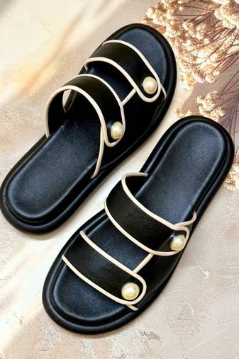 Black embellished faux leather double strap flats for women