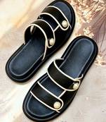 Black embellished faux leather double strap flats for women