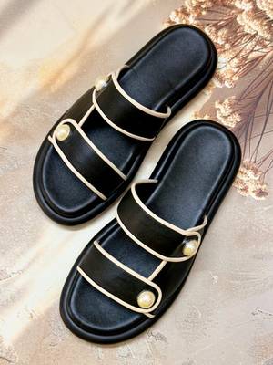 Black embellished faux leather double strap flats for women 2