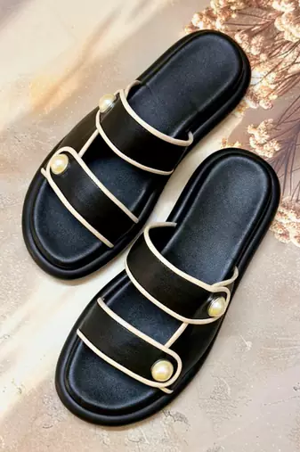 Black embellished faux leather double strap flats for women
