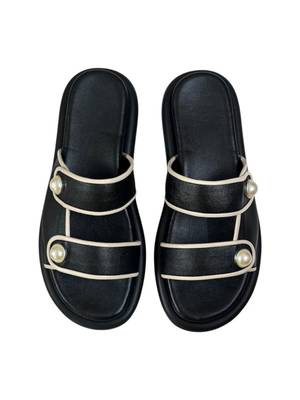 Black embellished faux leather double strap flats for women 4