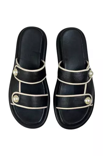 Black embellished faux leather double strap flats for women