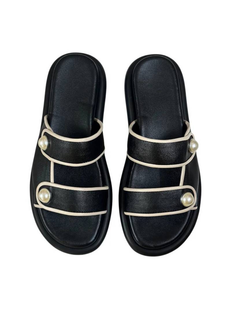 Black embellished faux leather double strap flats for women