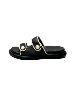 Black embellished faux leather double strap flats for women 5