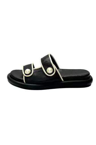 Black embellished faux leather double strap flats for women