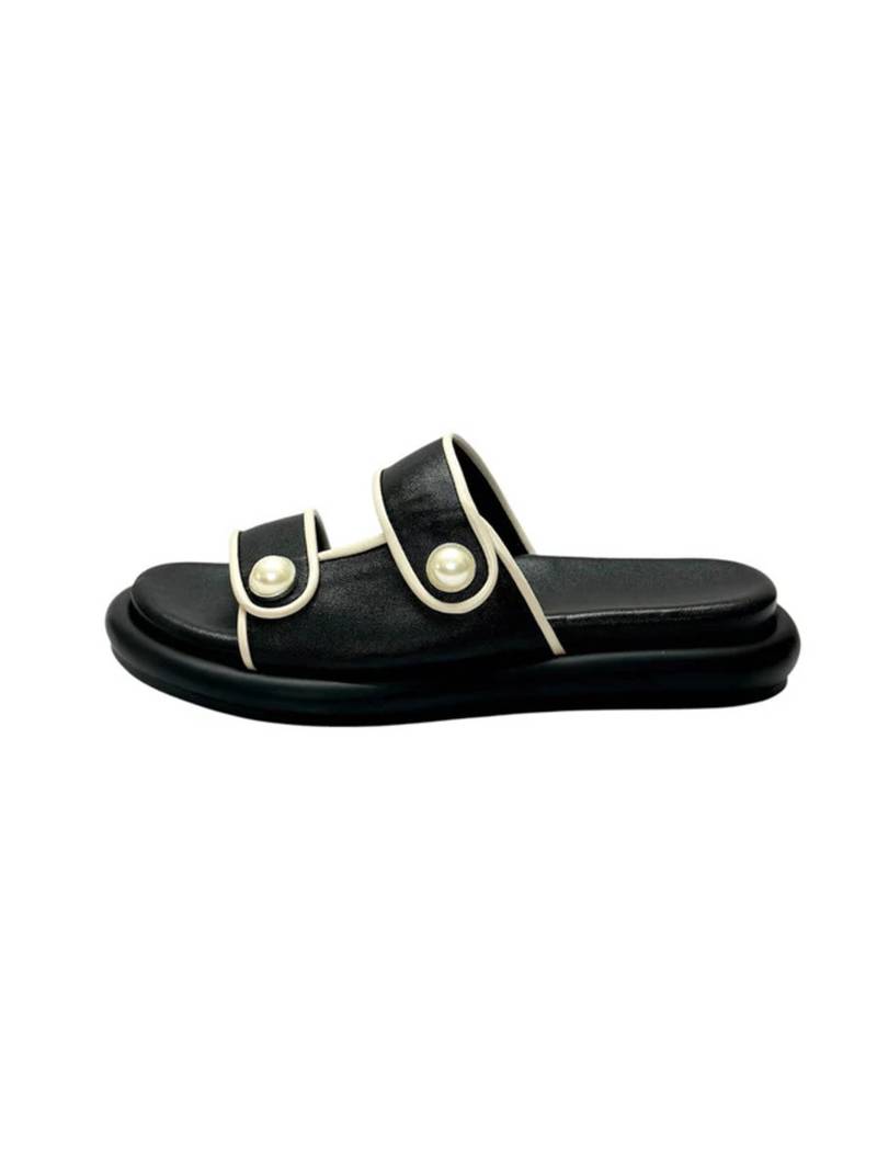 Black embellished faux leather double strap flats for women