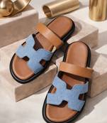 Tan embellished faux leather double strap flats for women