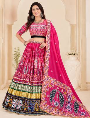 Rani Pink Designer Muslin Cotton Printed Navratri Lehenga Choli Set 1