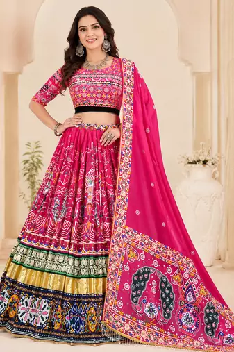 Rani Pink Designer Muslin Cotton Printed Navratri Lehenga Choli Set