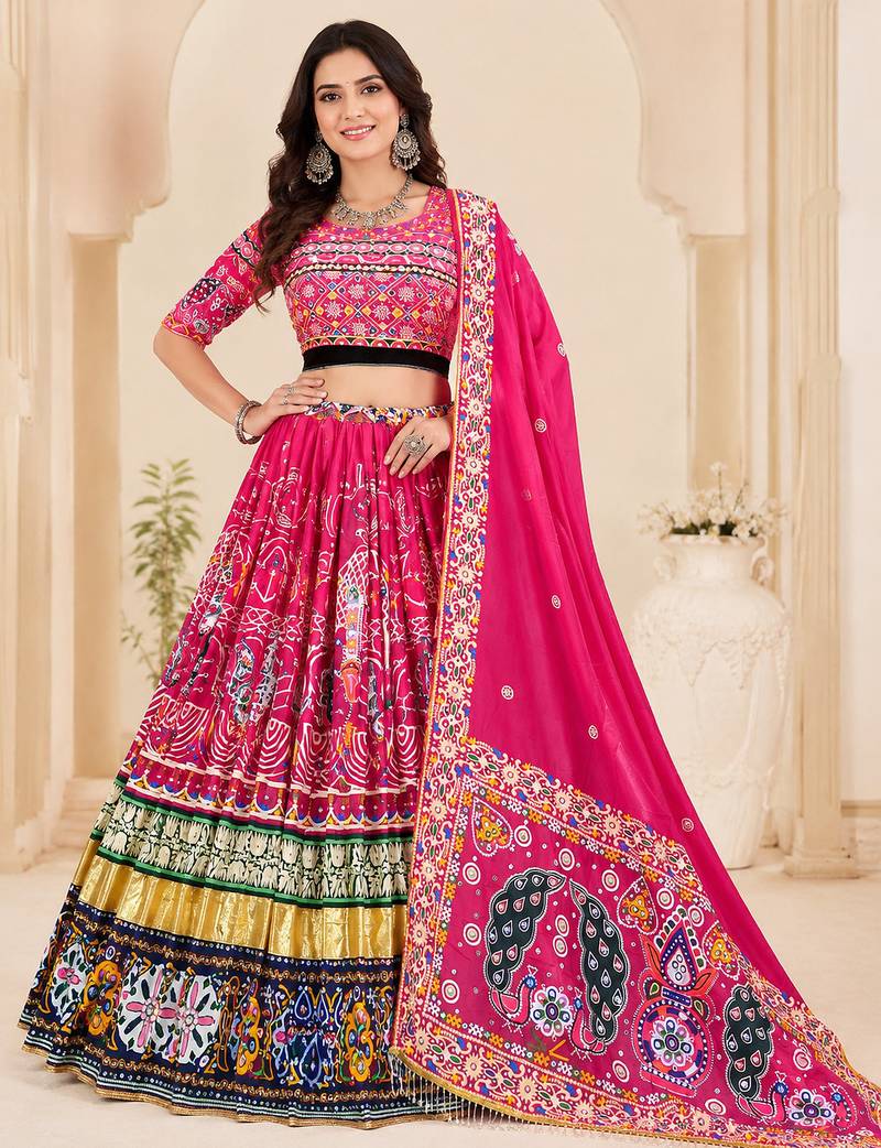 Rani Pink Designer Muslin Cotton Printed Navratri Lehenga Choli Set