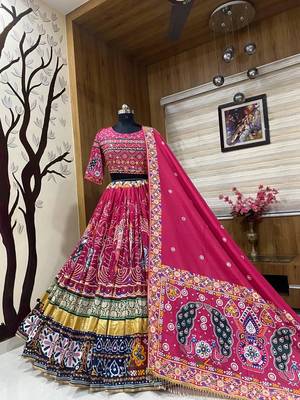 Rani Pink Designer Muslin Cotton Printed Navratri Lehenga Choli Set 2