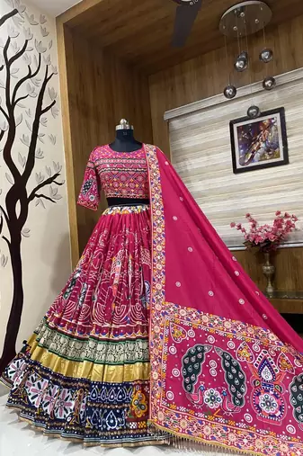 Rani Pink Designer Muslin Cotton Printed Navratri Lehenga Choli Set