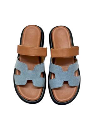 Tan embellished faux leather double strap flats for women 3