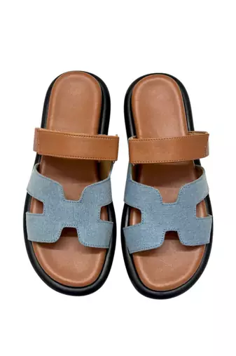 Tan embellished faux leather double strap flats for women