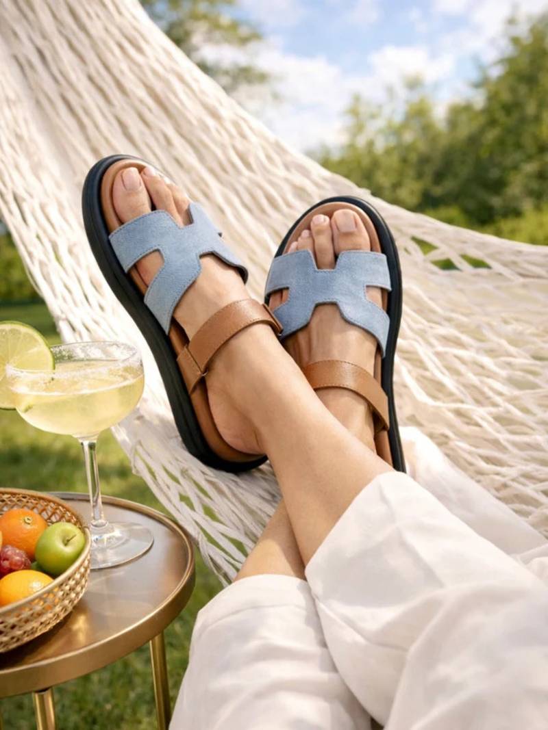 Tan embellished faux leather double strap flats for women