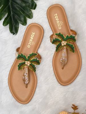 Tan beaded faux leather palm tree flats for women 1