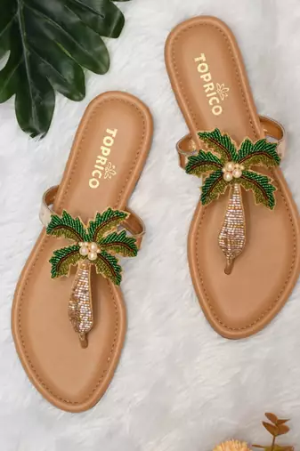 Tan beaded faux leather palm tree flats for women
