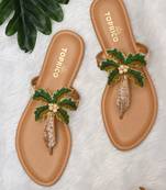 Tan beaded faux leather palm tree flats for women