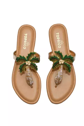 Tan beaded faux leather palm tree flats for women