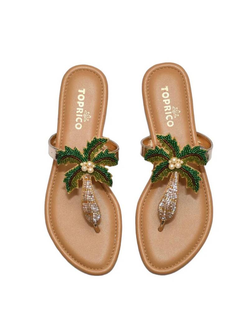 Tan beaded faux leather palm tree flats for women