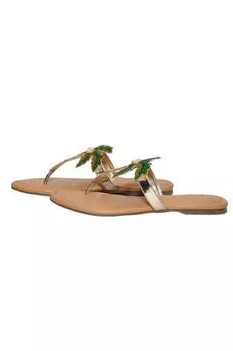 Tan beaded faux leather palm tree flats for women