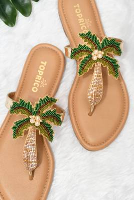 Tan beaded faux leather palm tree flats for women 5