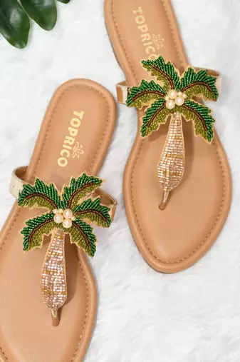 Tan beaded faux leather palm tree flats for women