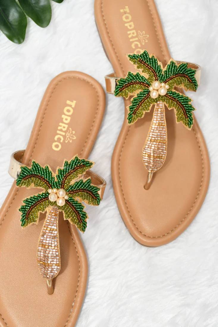 Tan beaded faux leather palm tree flats for women